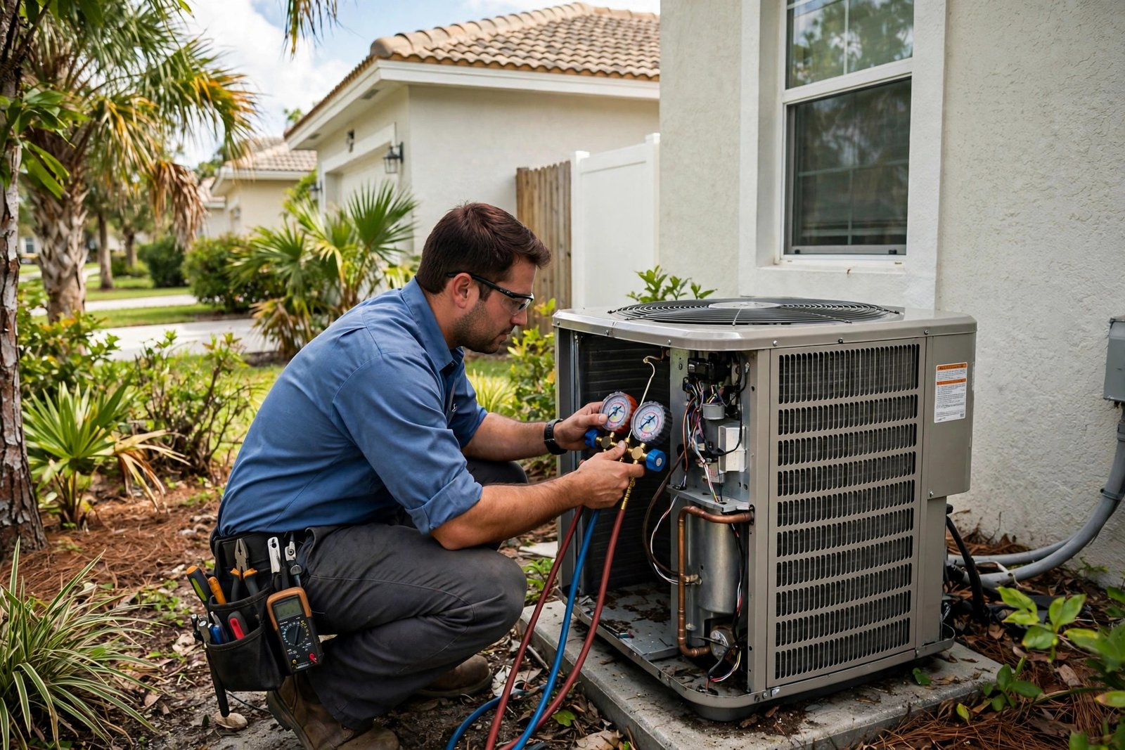 HVAC technician servicing an outdoor air-conditioner condenser unit beside a Florida suburban home