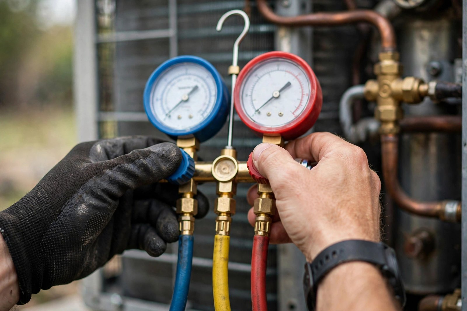 Close-up of a technician's hands checking refrigerant gauges on an AC unit during a repair