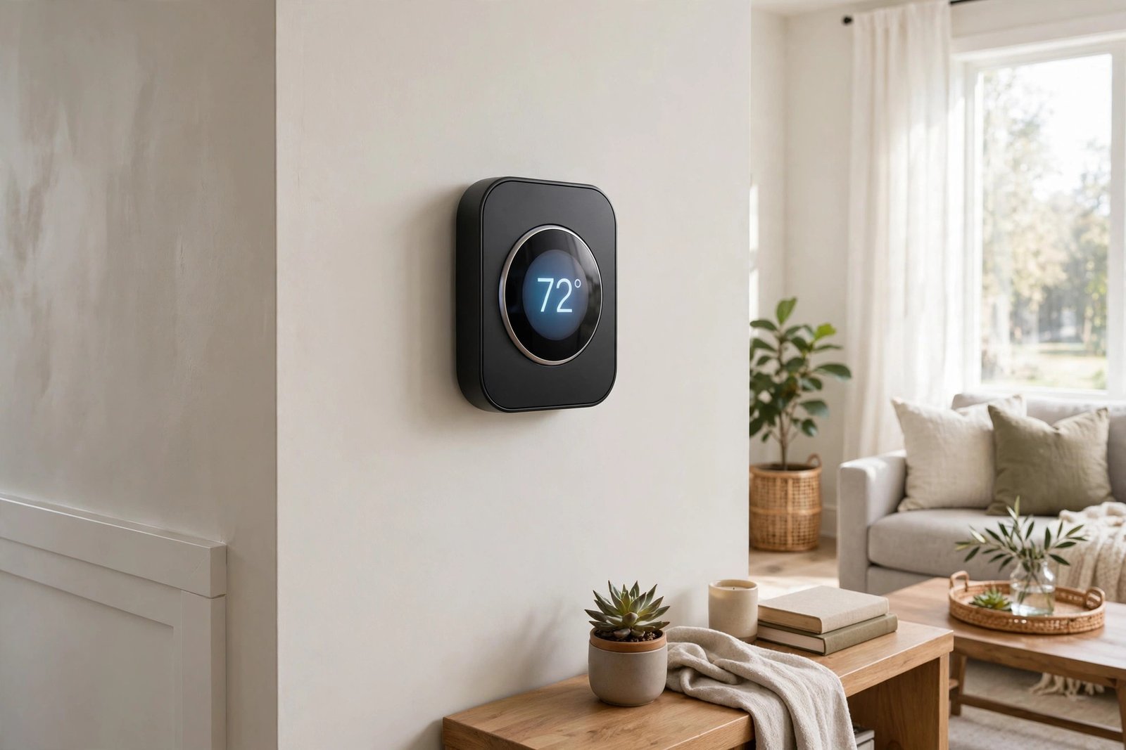 Modern smart thermostat mounted on the wall inside a bright Florida living room