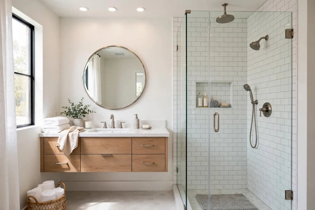 Completed modern bathroom remodel with walk-in tile shower and double vanity