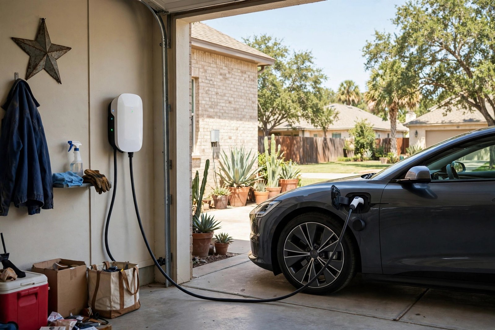 Home Level 2 EV charger mounted on a Texas garage wall next to a charging electric car