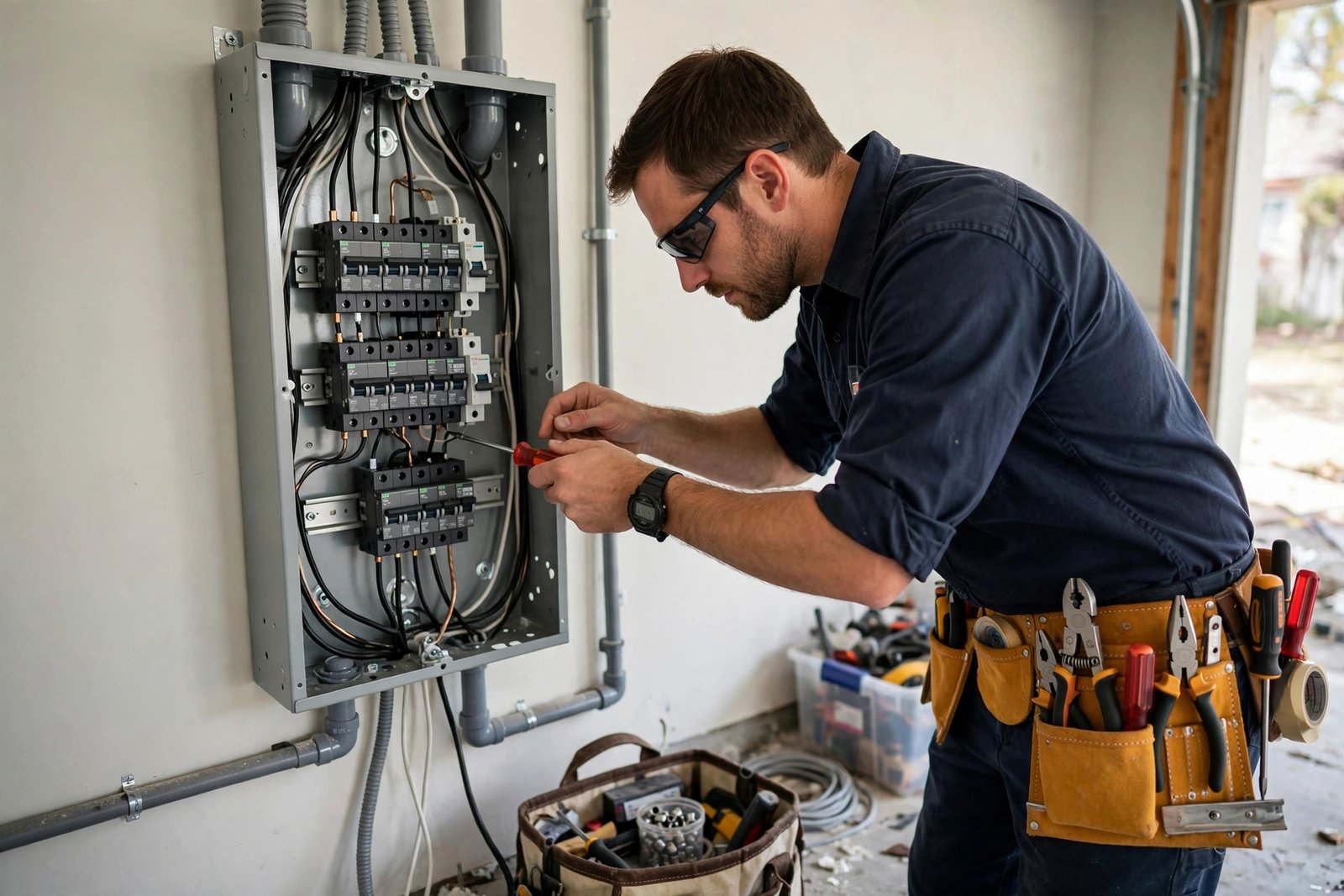 Licensed electrician installing a modern residential electrical panel with circuit breakers in a Texas home