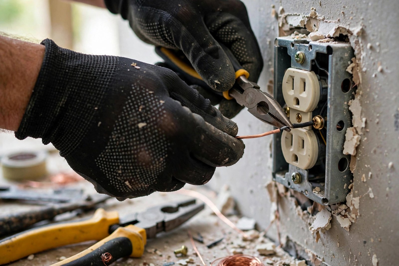 Electrician's gloved hands wiring a wall outlet with pliers during an electrical repair