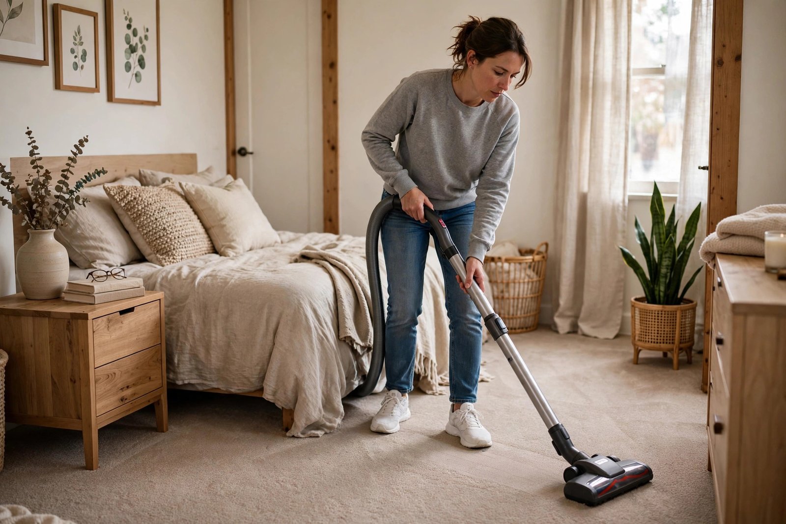 Person vacuuming a carpeted bedroom during a house clean