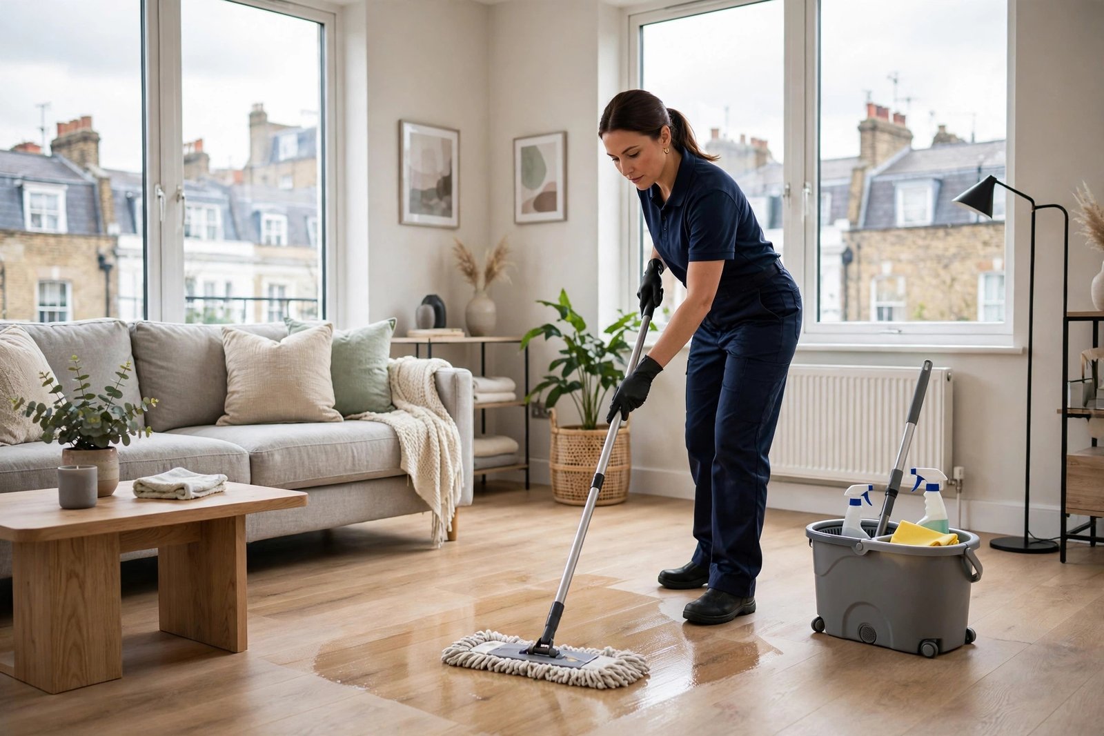 Professional cleaner mopping the floor of a bright modern London flat living room