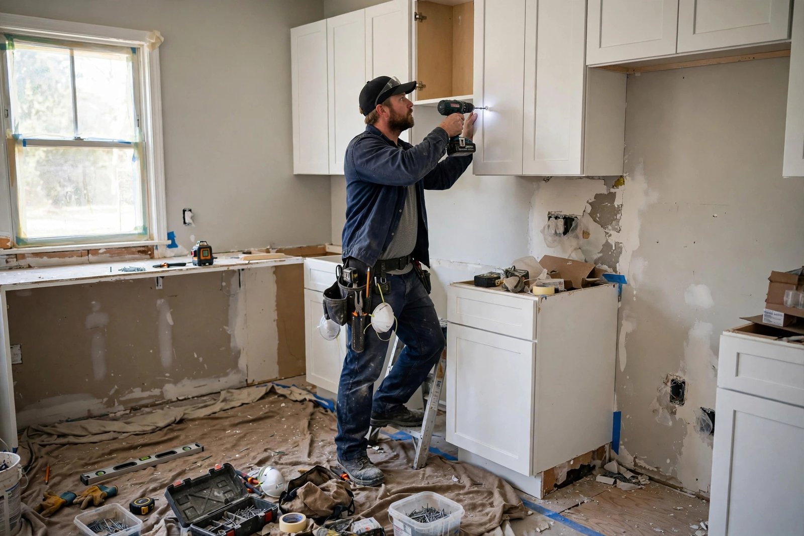 Contractor installing white kitchen wall cabinets during a home remodel