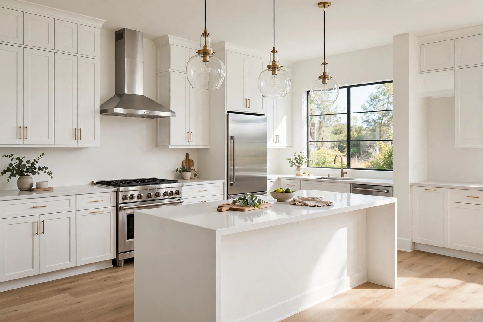 Bright newly remodeled modern kitchen with white shaker cabinets, quartz island, and pendant lights
