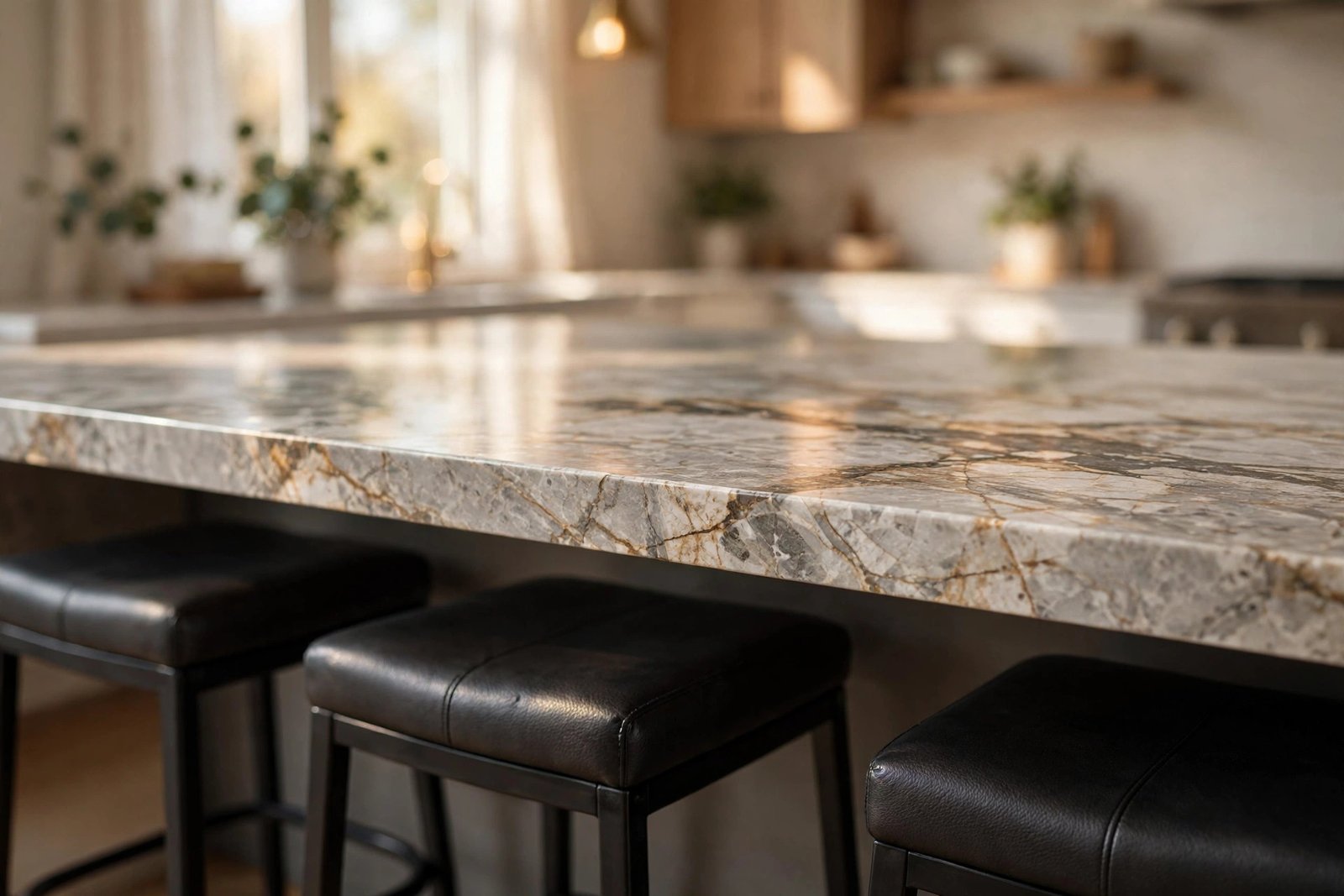 Close-up of a polished quartz kitchen island with bar stools in a renovated kitchen