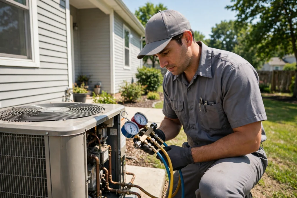 HVAC technician servicing an outdoor air conditioning unit