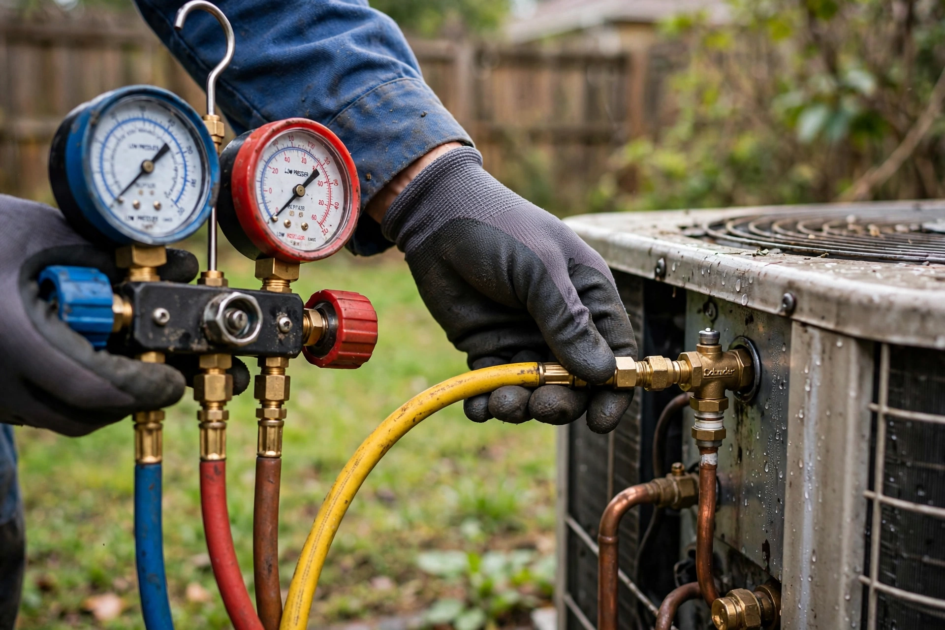 HVAC technician connecting refrigerant gauges to an AC unit