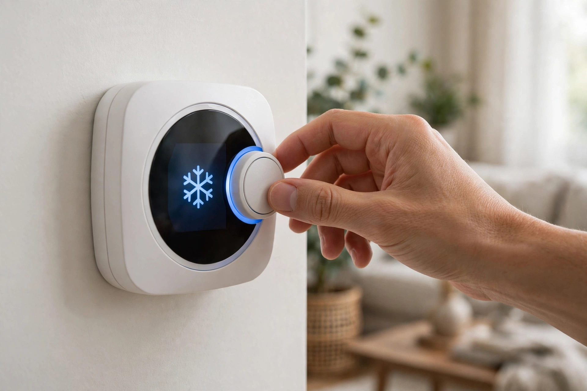 Modern digital thermostat set to a cool temperature