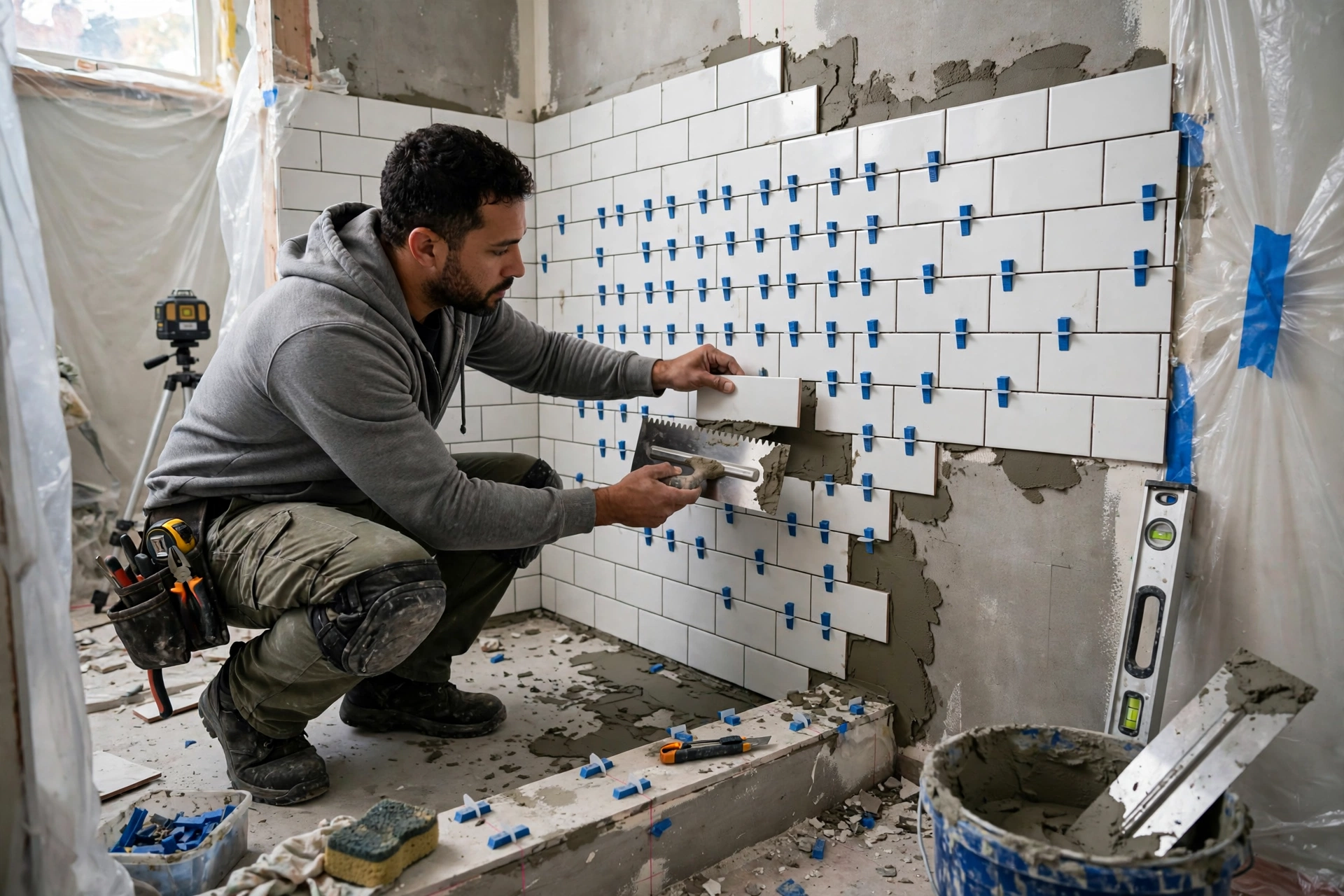 Ceramic tile installation detail in a bathroom remodel