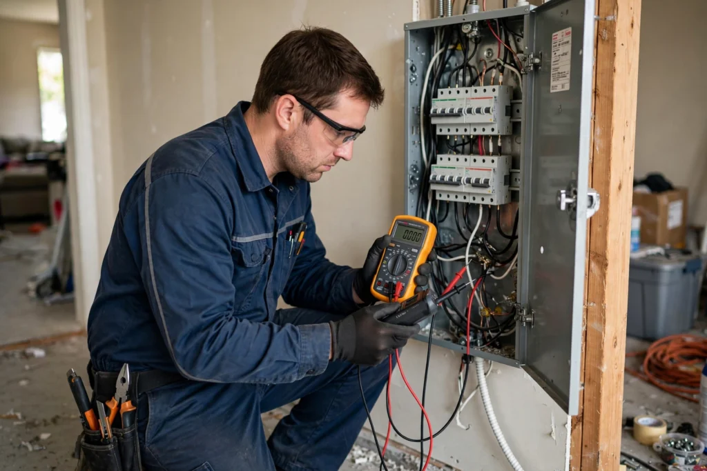 Electrician working on a residential electrical breaker panel