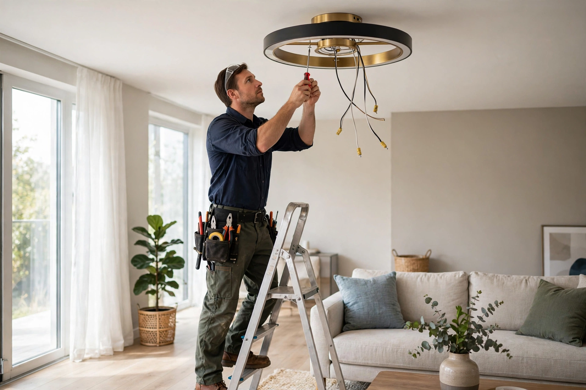 Electrician installing a ceiling light fixture
