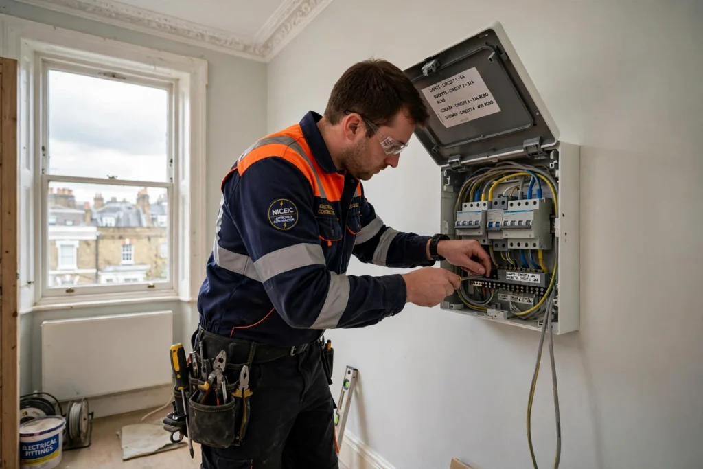 Electrician installing a modern consumer unit fuse box on a wall inside a London flat