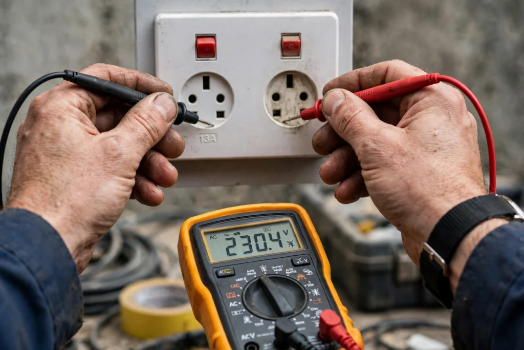 Electrician's hands testing a UK double wall socket with a digital multimeter