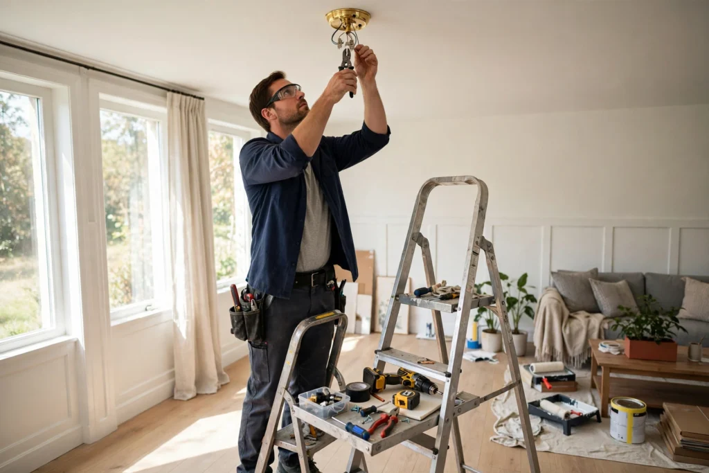 Electrician wiring a ceiling light fitting in a renovated living room