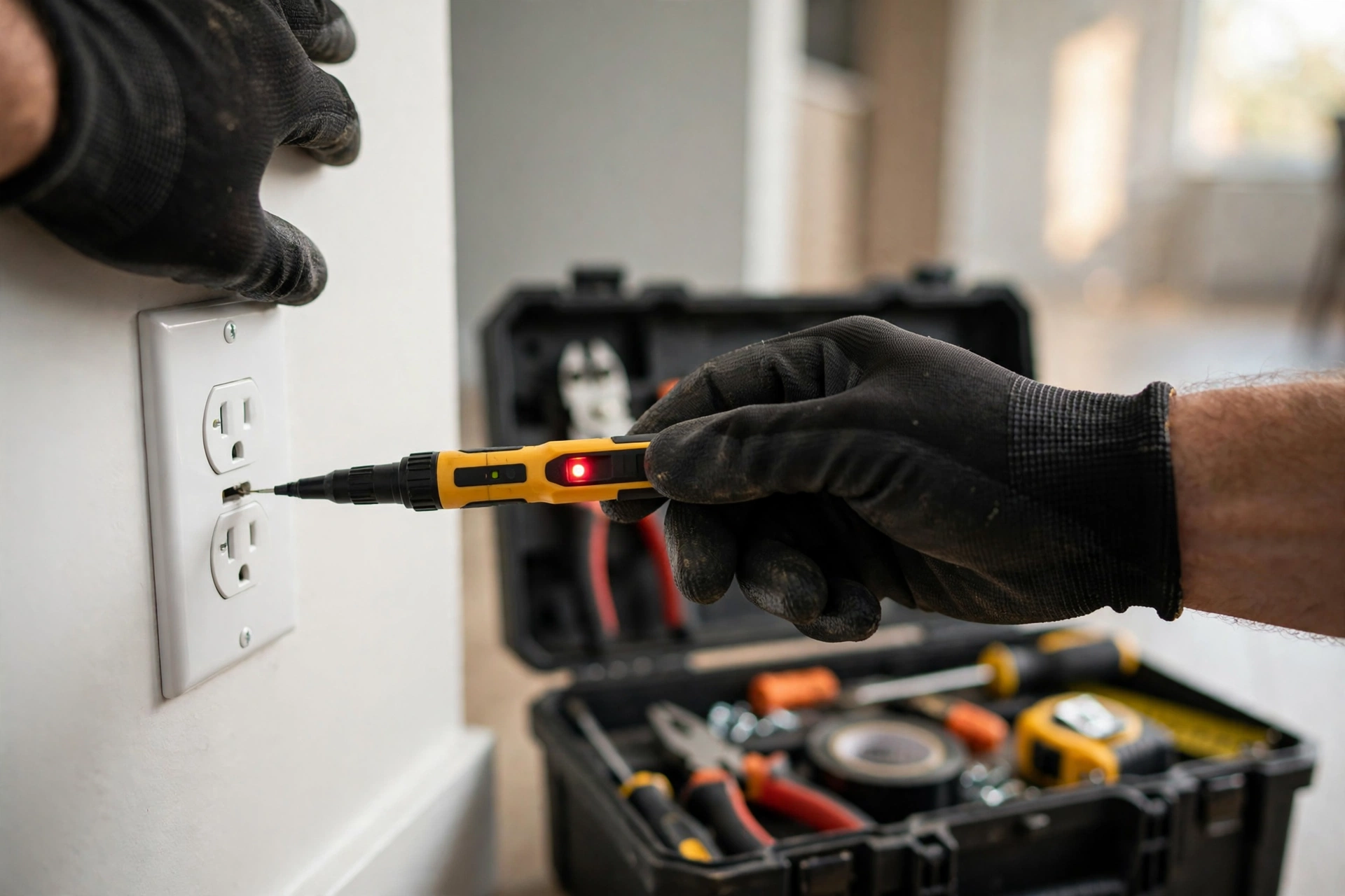 Electrician testing a newly installed wall outlet