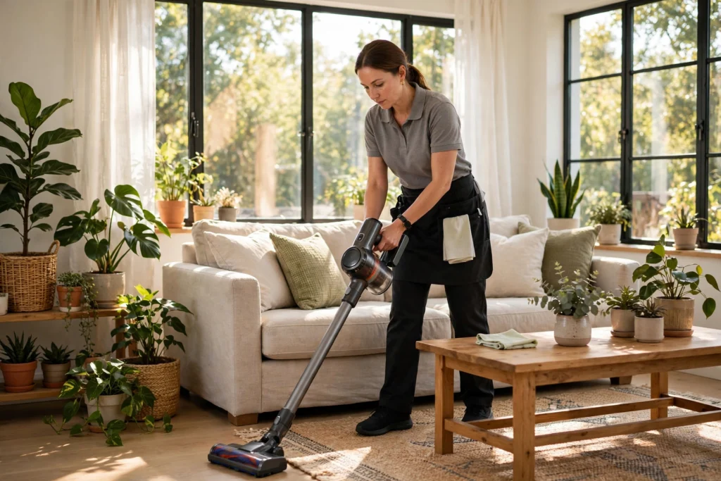 Professional house cleaner vacuuming a bright living room