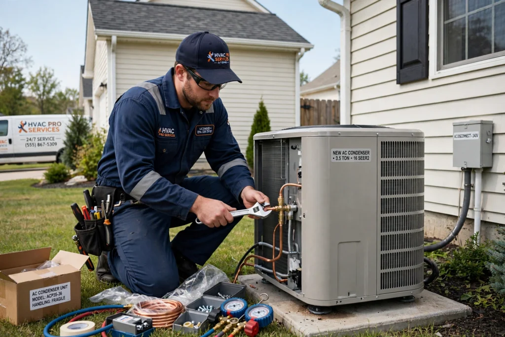 HVAC technician installing a new outdoor AC condenser unit beside a suburban home