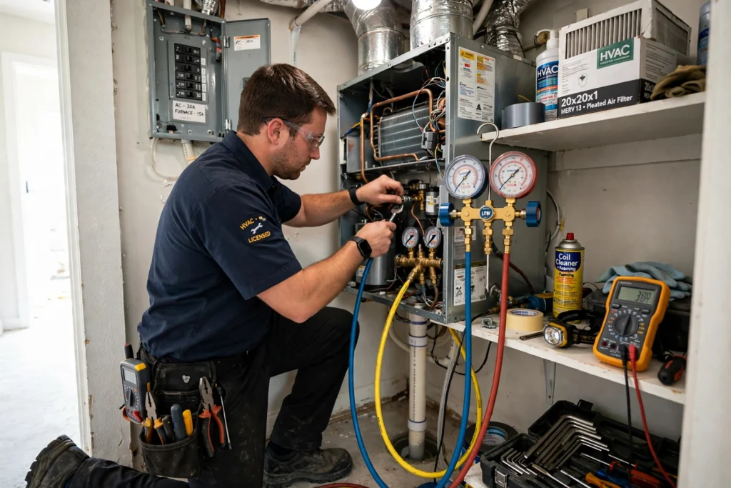Technician servicing an indoor HVAC air handler unit with gauges and tools