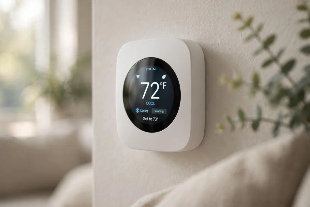 Modern smart thermostat mounted on a living room wall