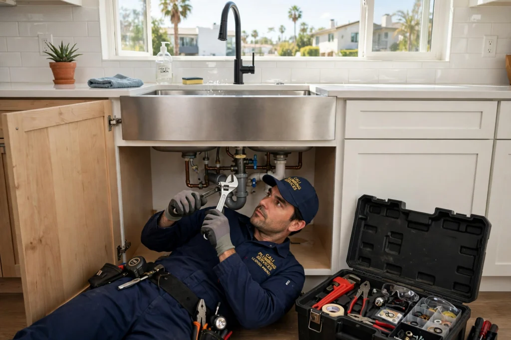 Licensed plumber repairing pipes under a kitchen sink in a modern California home