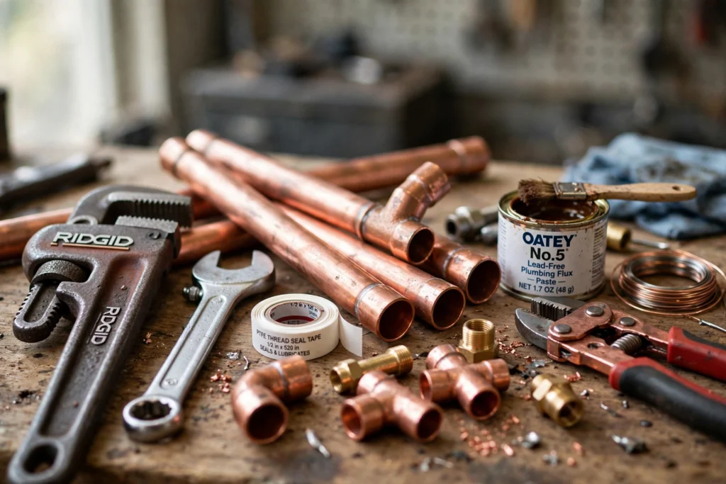 Professional plumbing tools, copper pipes and fittings on a workbench