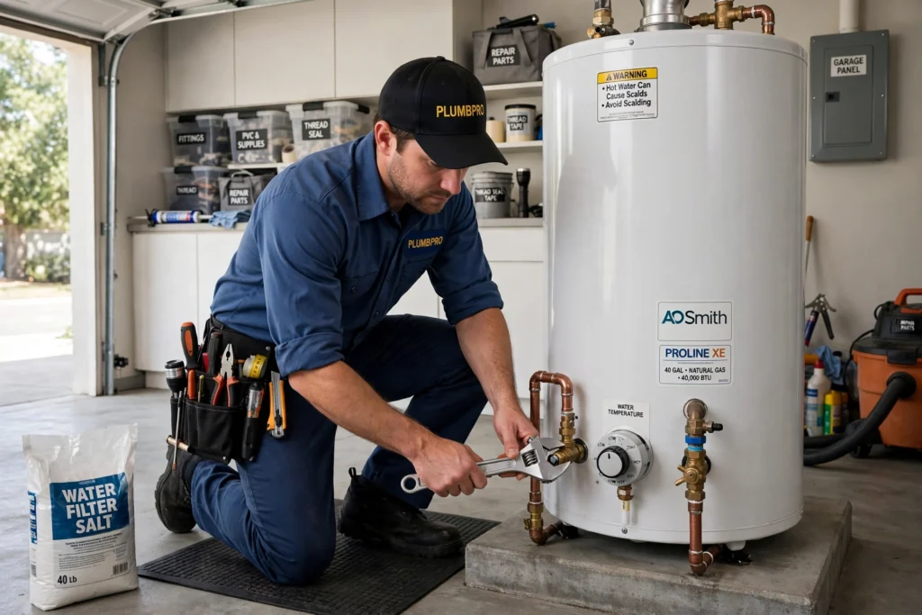 Plumber servicing a residential tank water heater in a California garage