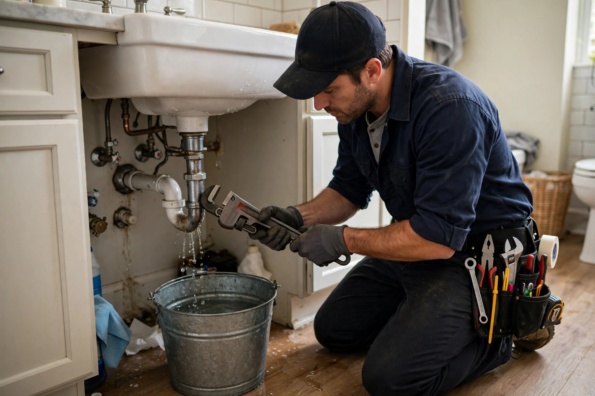 Emergency plumber fixing a leaking pipe under a sink