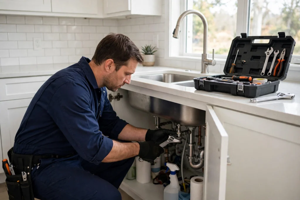 Professional plumber repairing a kitchen sink faucet
