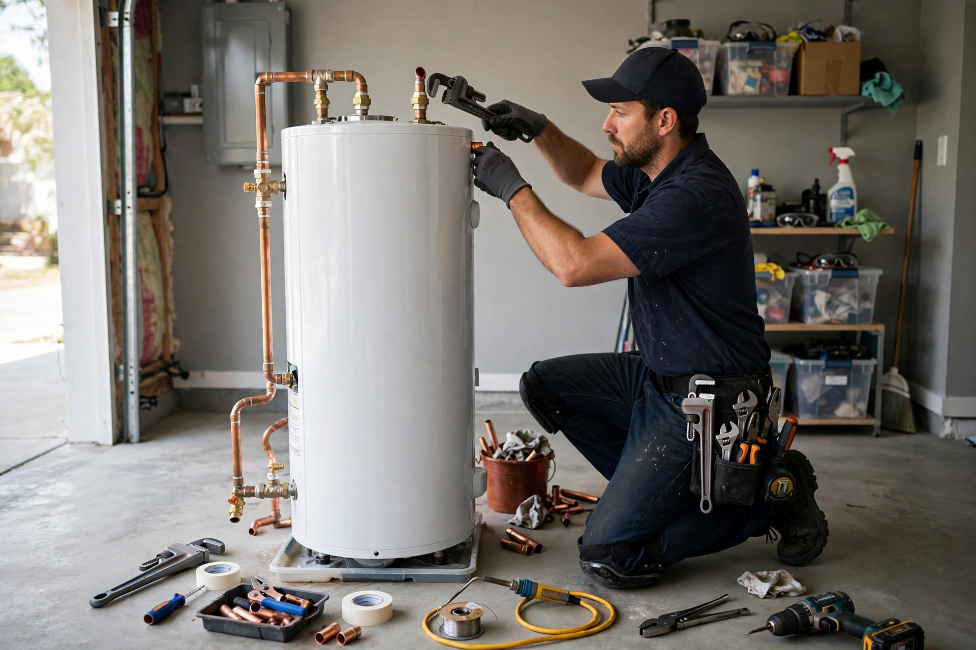 Plumber installing a new residential water heater