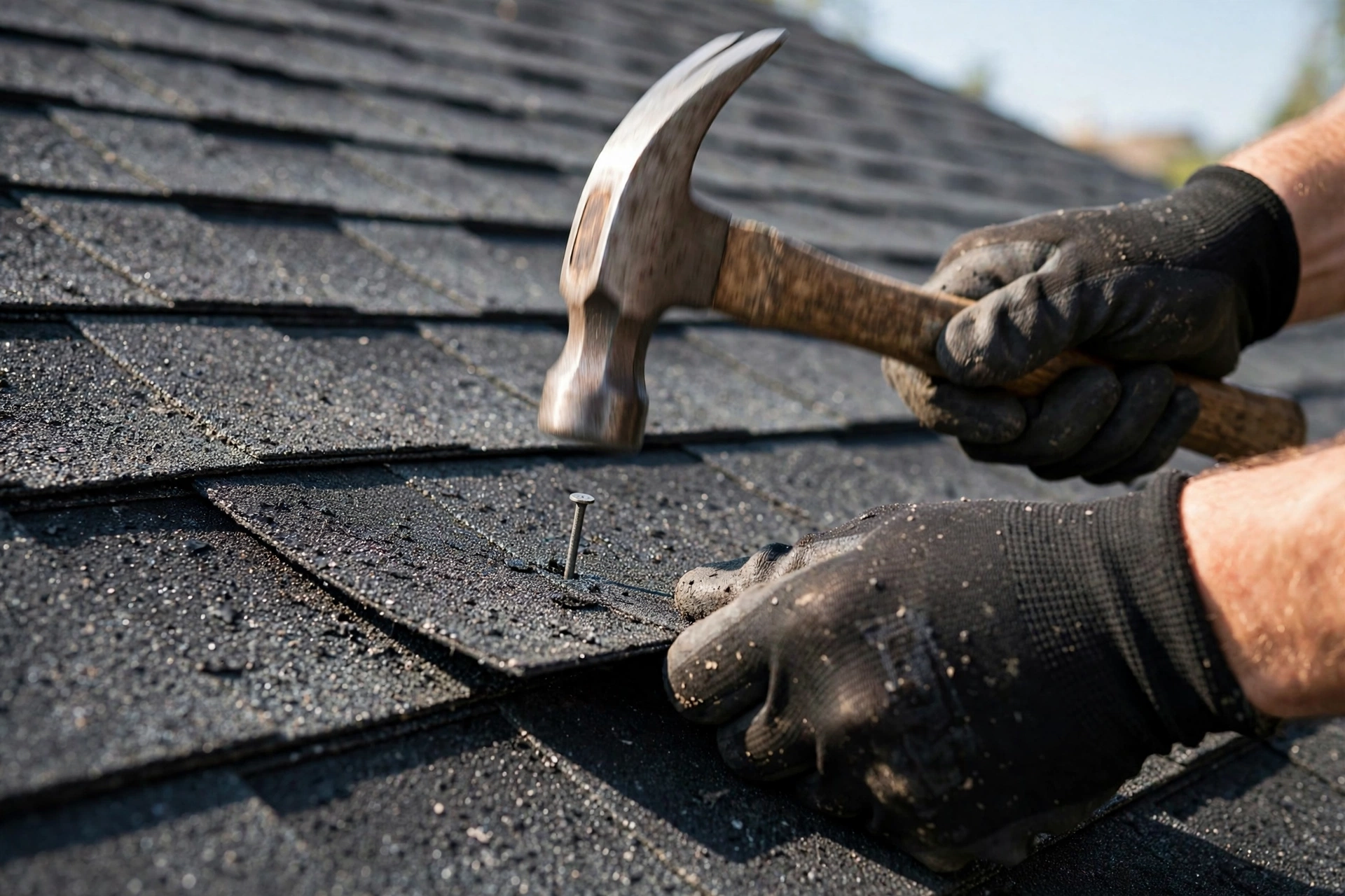 Roofer nailing a new asphalt shingle into place