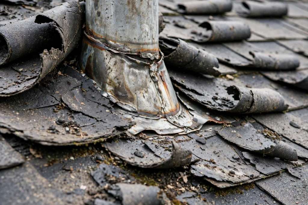 Close-up of curled, damaged asphalt shingles and worn flashing around a roof vent