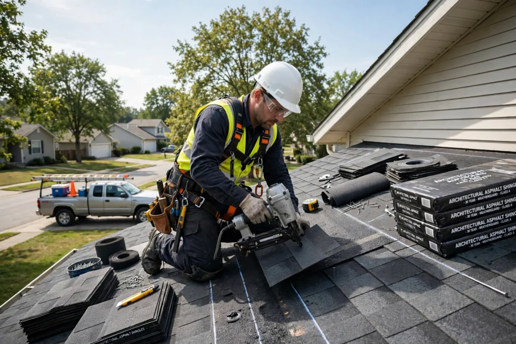 Roofer in safety gear replacing asphalt shingles on a residential sloped roof on a sunny day
