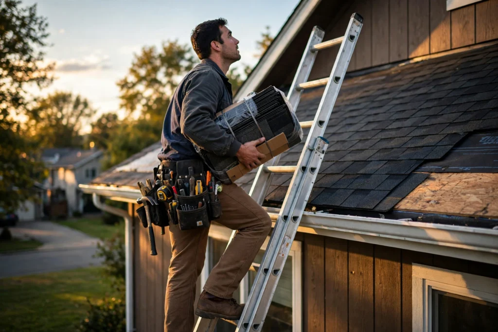 Roofer climbing a ladder to a house roof carrying a tool belt and shingle bundle at sunset