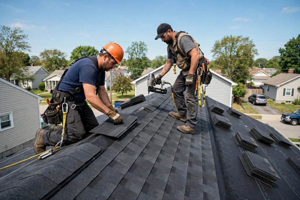 Roofing workers installing asphalt shingles on a house roof