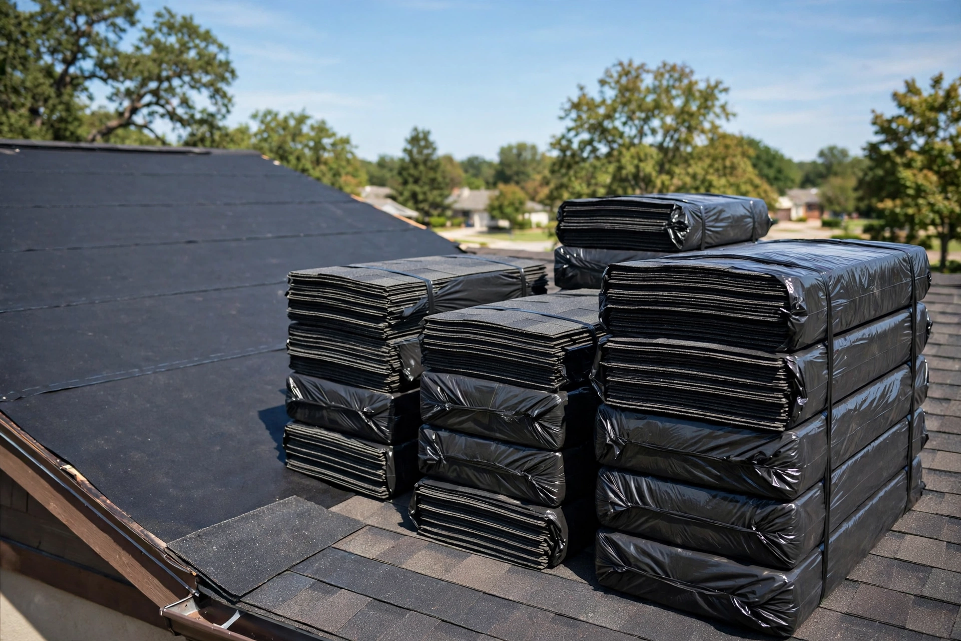 Bundles of new asphalt roofing shingles on a roof