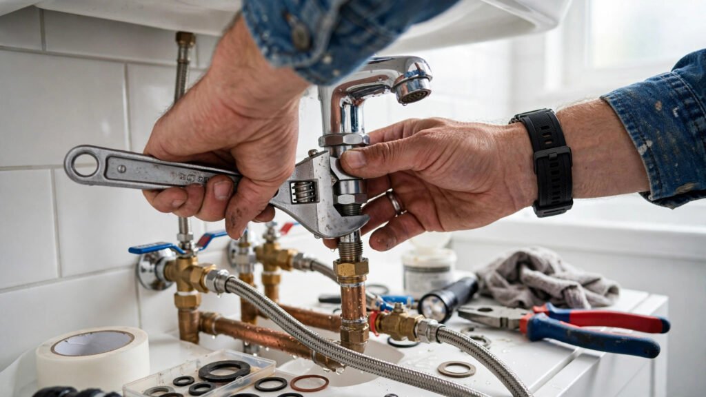 Plumber repairing a bathroom faucet with a wrench