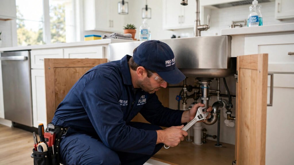 Professional plumber repairing a kitchen sink