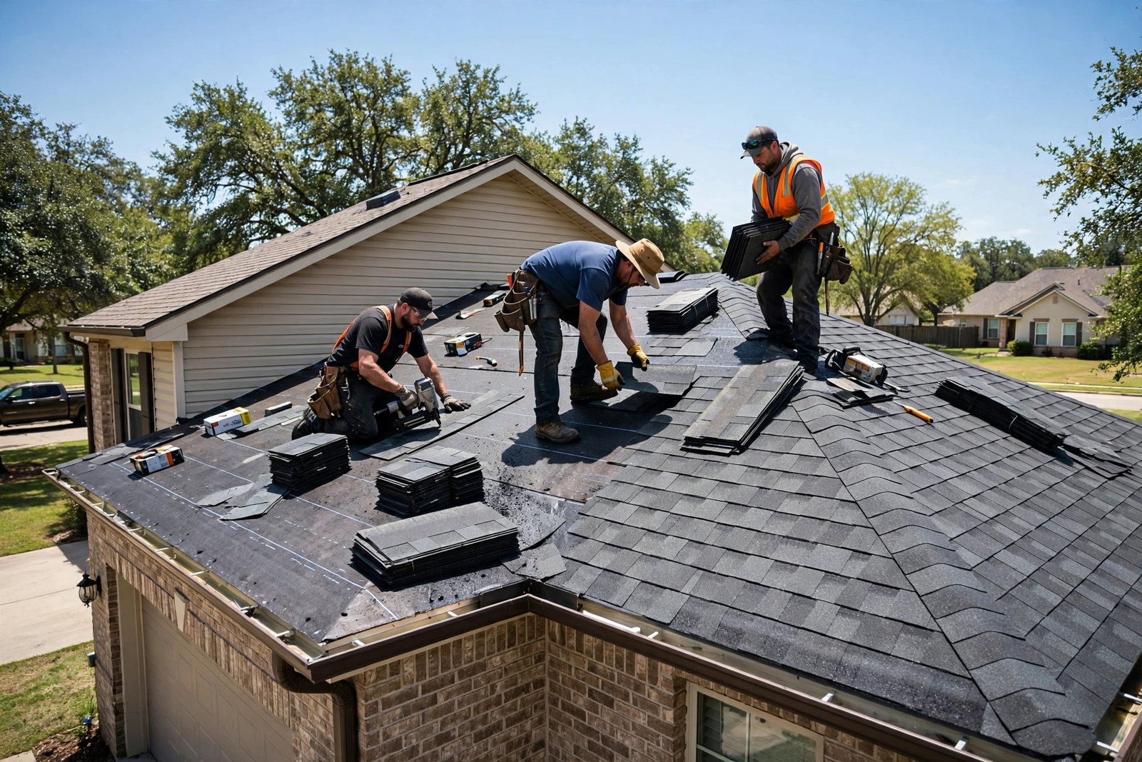 Roofing crew installing new architectural asphalt shingles on a suburban Texas house roof on a sunny day
