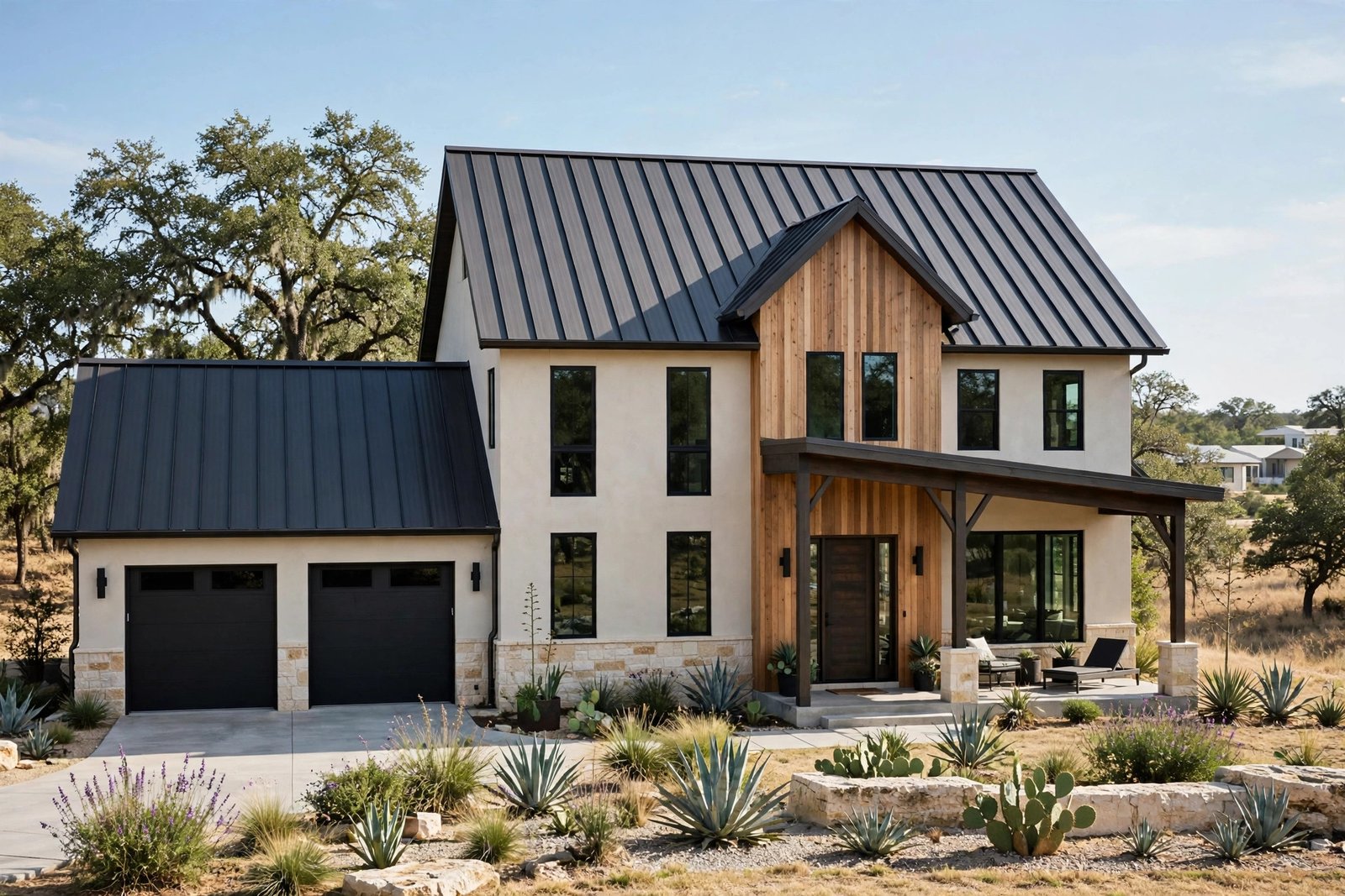 Standing-seam metal roof on a modern Texas home exterior