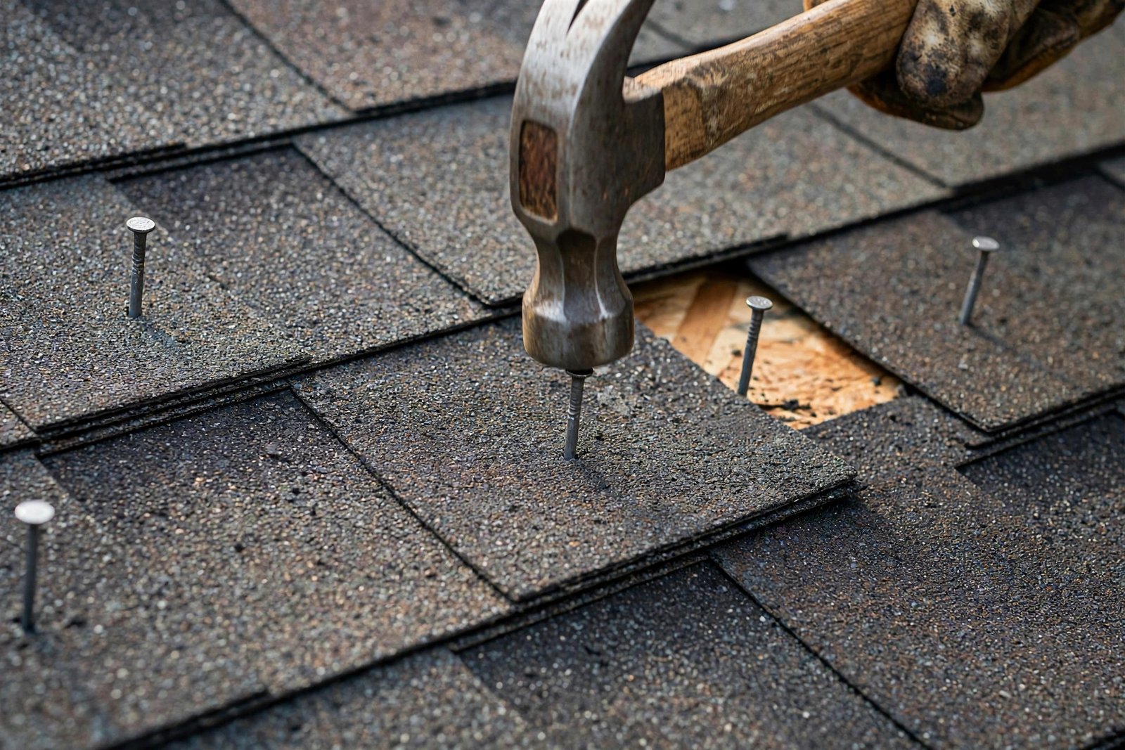 Close-up of a roofer nailing architectural asphalt shingles onto a roof deck